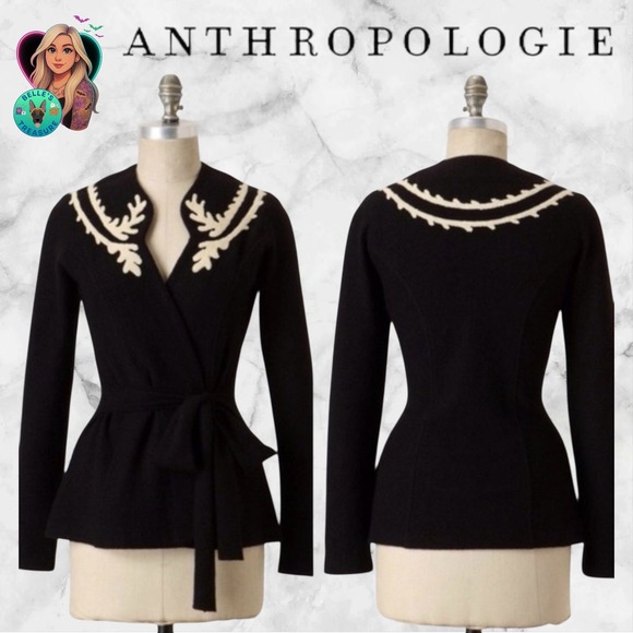 Guinevere Anthropologie Large Sea Fan Wrap Sweater Black Merino Wool Cardigan